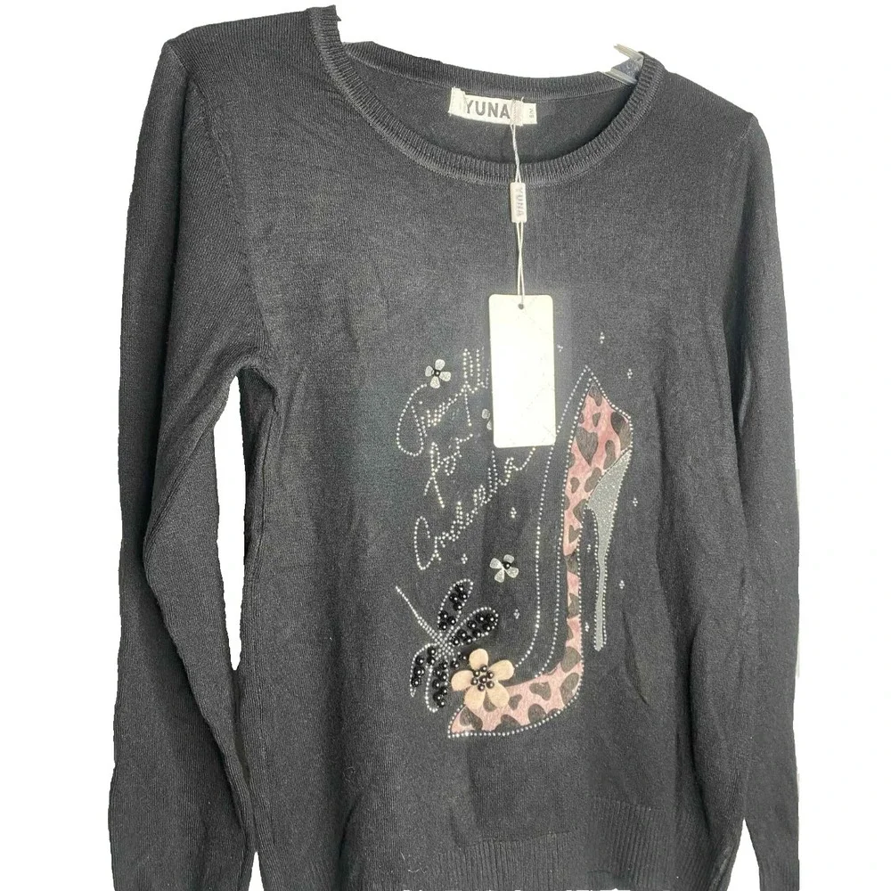 Yuna size S/M Sweater black shoe Graphic Sparkle beads Jimmy Choo for Cinderella